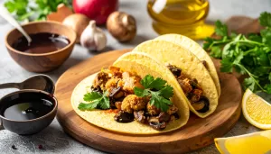 Tacos de setas crujientes con salsa de aceite de oliva negra