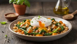 Garbanzos salteados con acelgas, boniato y huevo escalfado