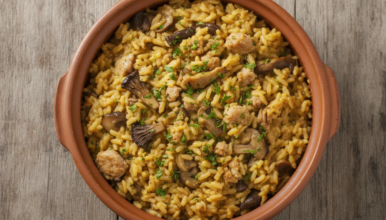 Arroz meloso de setas y butifarra para otoño