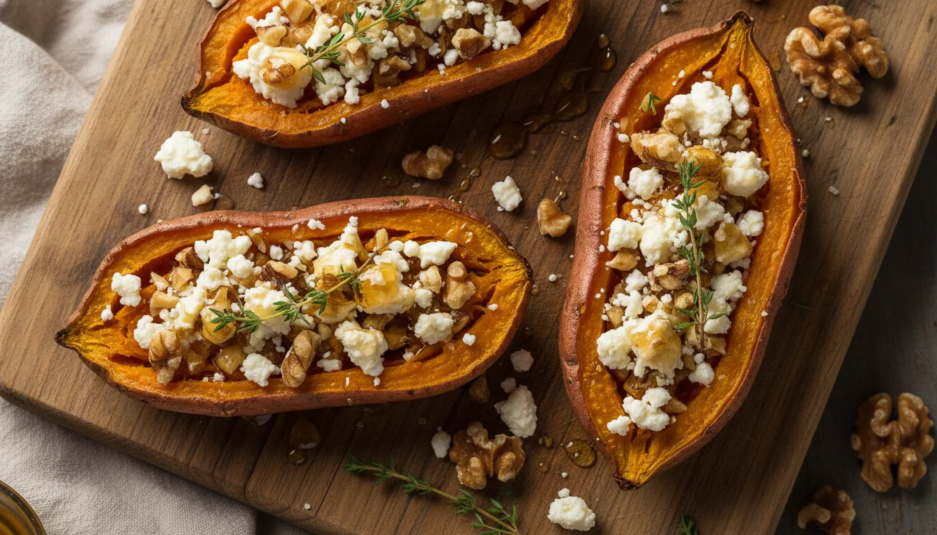 Boniato asado en freidora de aire con feta y nueces